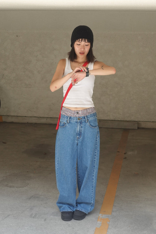 2wayチェックレイヤードデニム