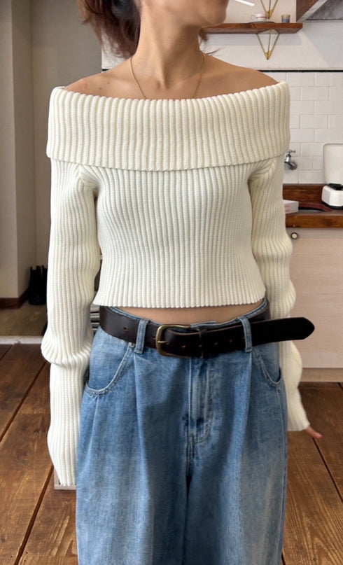 オフショルリブニット