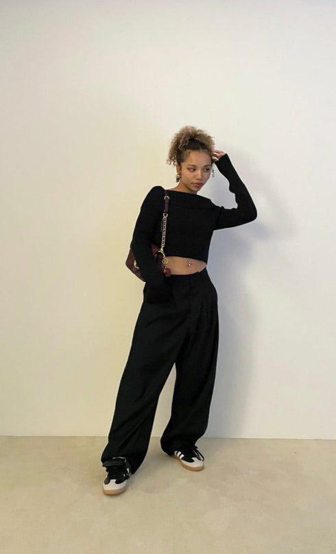 オフショルリブニット