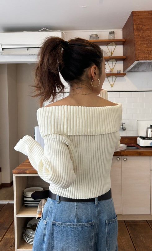 オフショルリブニット