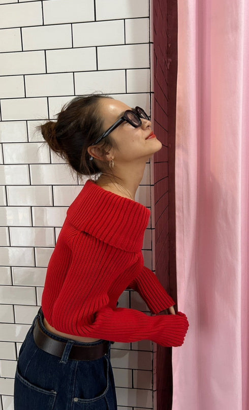 オフショルリブニット