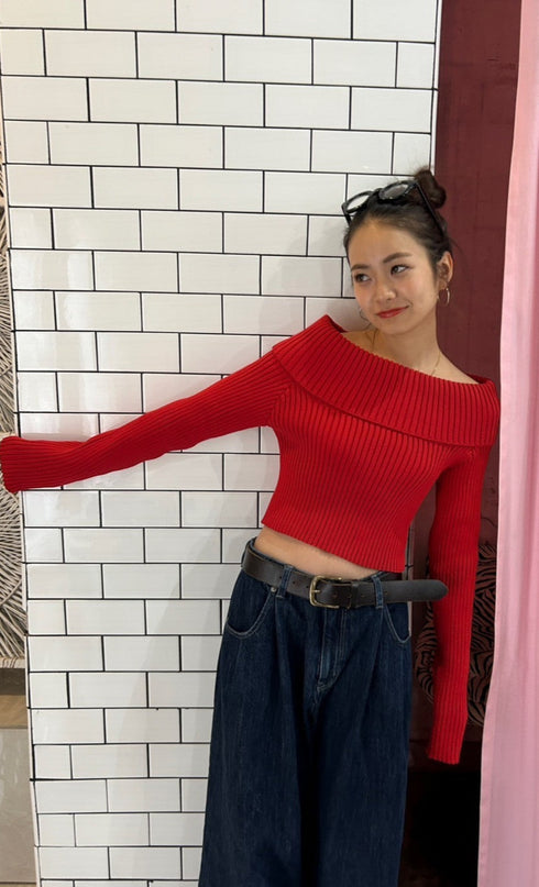 オフショルリブニット